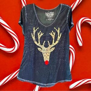 ROCKER Girl Junior’s Size XL (15-17) Short Sleeve Reindeer Christmas Burnout Tee